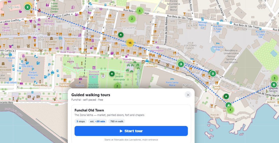 A guided walking tour card for Funchal Old Town, showing 5 stops over a 760m route